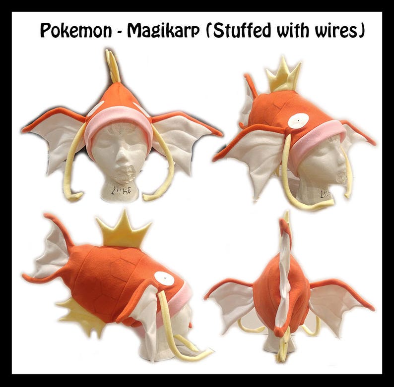 May include: A plush Magikarp hat in orange and white with yellow fins. The hat is shaped like the Pokemon Magikarp and has a crown on top. The hat is shown in four different angles.