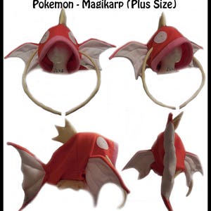 May include: A red and white Magikarp plush headband. The headband is shaped like a Magikarp, a Pokemon character. The headband is made of soft, plush fabric and has a large, floppy fin.
