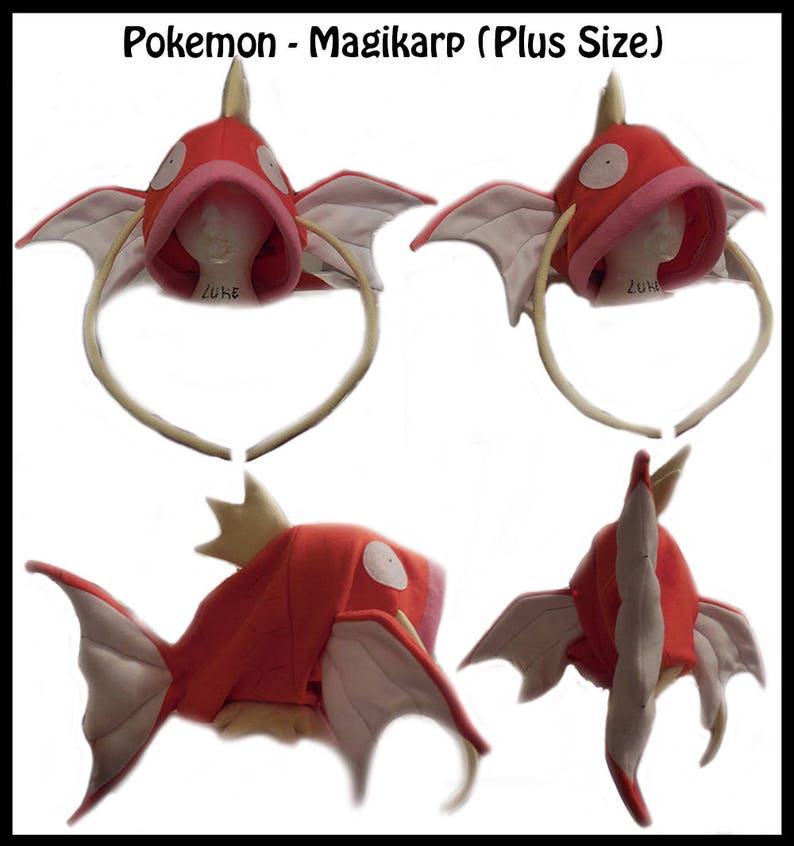 May include: A red and white Magikarp plush headband. The headband is shaped like a Magikarp, a Pokemon character. The headband is made of soft, plush fabric and has a large, floppy fin.