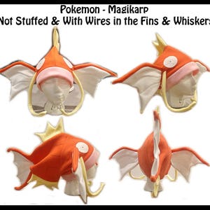 May include: Orange and white Magikarp Pokemon hat with yellow fins and whiskers. The hat is made of fleece and has a wire frame for the fins and whiskers. The hat is not stuffed.
