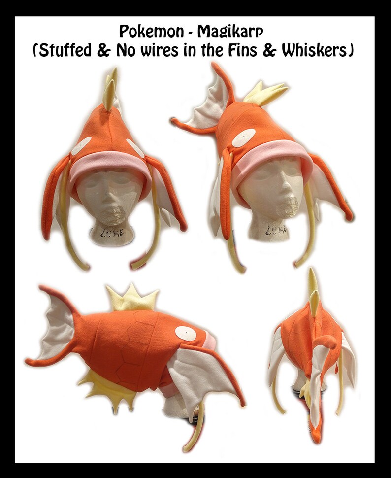 May include: A plush Magikarp Pokemon hat in orange and white. The hat is shaped like a Magikarp with fins and a tail. The hat is stuffed and has no wires in the fins or whiskers. The text "Pokemon - Magikarp (Stuffed & No wires in the Fins & Whiskers)" is written above the hat.