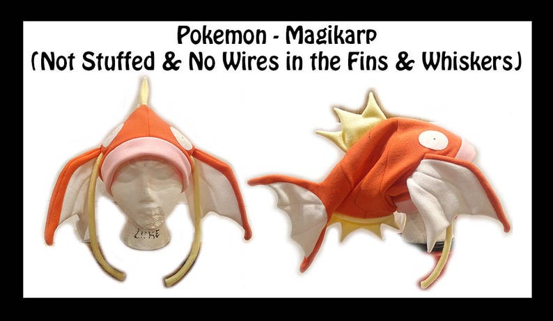 May include: Orange and white Magikarp Pokemon hat with yellow fins and whiskers. The hat is not stuffed and has no wires in the fins and whiskers. "Pokemon - Magikarp (Not Stuffed & No Wires in the Fins & Whiskers)" is written in black text on a white background.