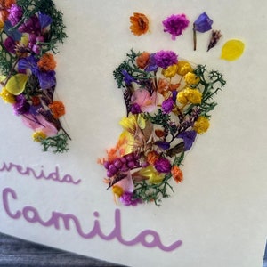 Carte de vœux de naissance avec empreinte de fleurs séchées carte personnalisée cadeau bébé baptême fleur nom bonjour bébé carte de vœux bébé