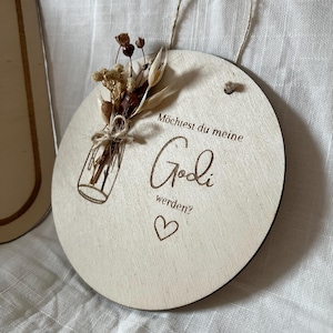 ¿Te gustaría ser mi Godi? Regalo para madrina de bautismo de bebé recién nacido, tarjeta de madrina, regalo de madera con flores secas.