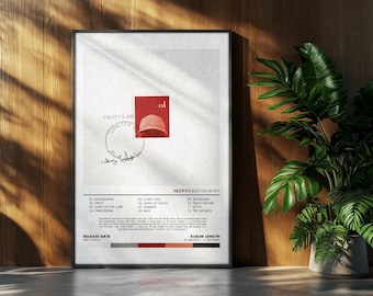May include: Framed poster featuring a red stamp with a baseball cap image, and the text "First Class London". The poster includes a tracklist and album details. The poster is displayed against a wooden wall with a potted plant.