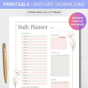 Personal Daily Planner, Daily Hourly Planner, Work From Home Planner, Download, Editable Letter/A4