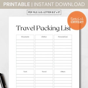 Printable Travel Packing List, Digital Download Organizer, Trip Planner, Vacation Checklist, Travel Essentials
