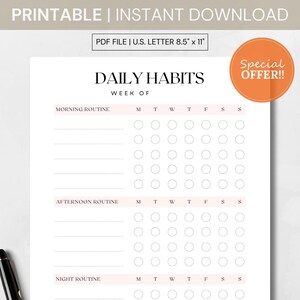 Printable Habit Tracker, Daily Tracking Log, Digital Download Planner Insert, Habit Tracker Journal Page