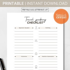 Printable Travel Packing List, Digital Download Organizer, Trip Planner, Vacation Checklist, Travel Essentials