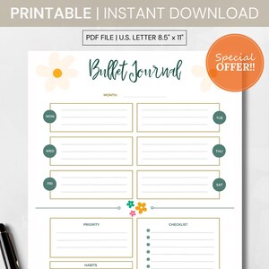Monthly Bullet Journal Printable Pack, Planner Inserts, Digital Download, Planner Pages, Bujo Templates