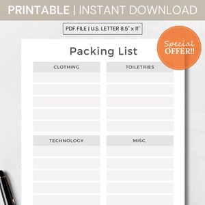 Printable Travel Packing List, Digital Download Organizer, Trip Planner, Vacation Checklist, Travel Essentials