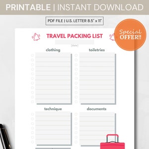Printable Travel Packing List, Digital Download Organizer, Trip Planner, Vacation Checklist, Travel Essentials