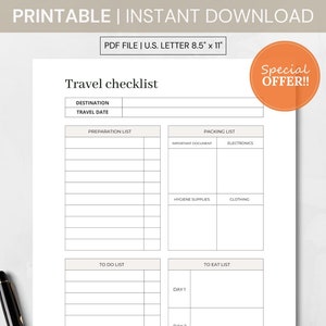 Printable Travel Packing List, Digital Download Organizer, Trip Planner, Vacation Checklist, Travel Essentials