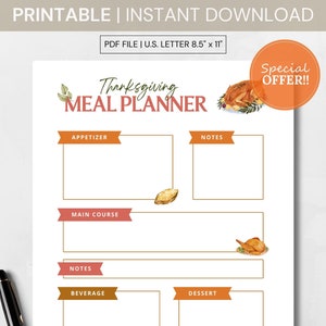 Thanksgiving Meal Planner Printable, Digital Download, Holiday Menu Organizer, Thanksgiving Dinner Checklist