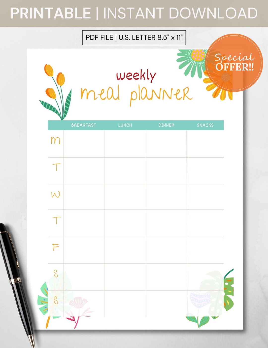 Printable Weekly Meal Planner, Floral Design (PDF Download) - Etsy ...