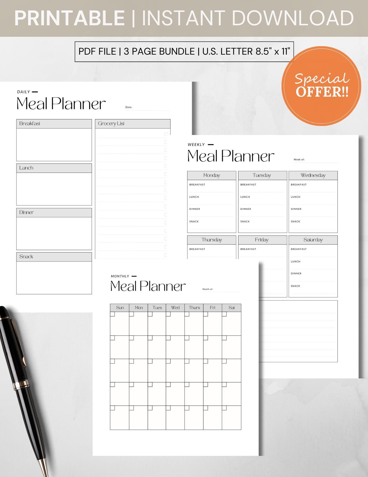 Printable Meal Planner Bundle, Digital Download Grocery List, Meal Prep ...