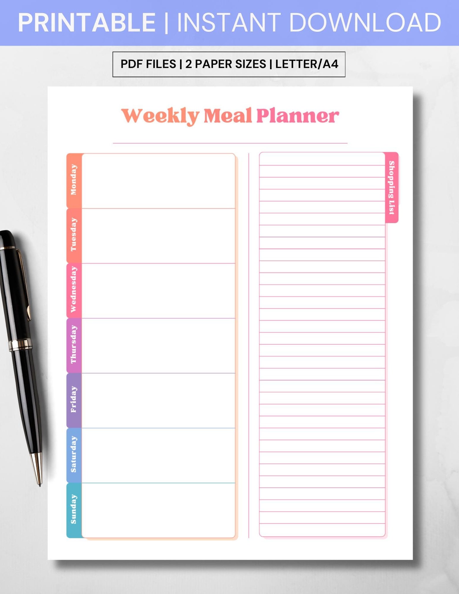 Printable Weekly Meal Planner, Digital Download Grocery List, Meal Prep ...