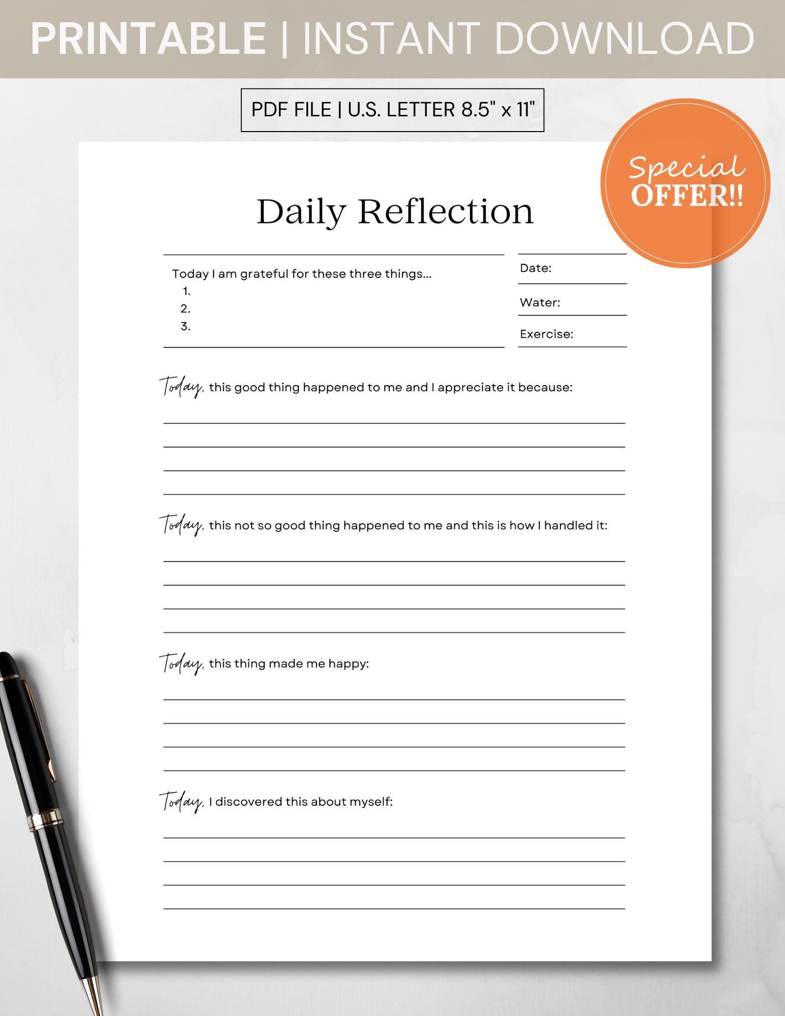 Daily Reflection Worksheet Printable PDF, Self Care Planner, Printable ...