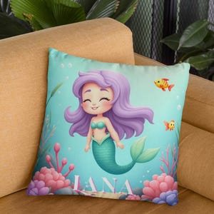 Mermaid Kids Pillow, Cute Mermaid Throw Pillow, Girls Room Decor, Personalized Gift for Kids, Mermaid Bedroom