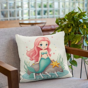 Mermaid Kids Pillow , Cute Mermaid Throw Pillow , Girls Room Decor, Personalized Gift for Kids, Mermaid Bedroom, birthday gift