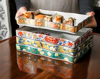 Japanese Floral Porcelain Serving Plate: Divided Sushi Dish
