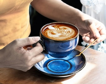 Handmade Japanese Ceramic Latte Cup & Saucer Set - Kiln Change Design