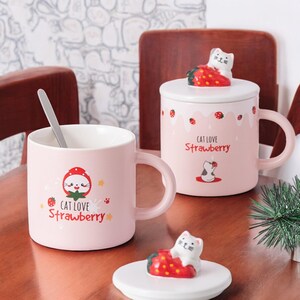 Creative Cartoon Ceramic Mug with Lid | Cute Strawberry Design | Christmas Gift Mug | Fun Ceramic Cup for Coffee or Tea | Holiday Gift Idea