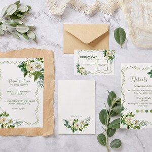 Weiß Grün Blumen Hochzeitseinladung, bearbeitbare Canva Vorlage, Antwortkarte, Detailkarte, Sofort Download, druckbare einzigartige Hochzeitseinladungen