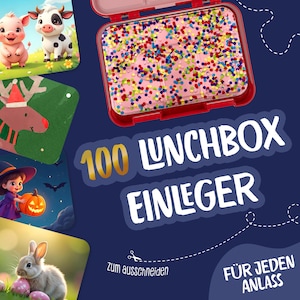 Puede incluir: Un conjunto de 100 insertos imprimibles para fiambreras, con una variedad de ilustraciones bonitas, incluyendo animales, festividades y otros diseños divertidos. El texto "100 LUNCHBOX EINLEGER" se muestra en letras grandes y en negrita, con la frase "FÜR JEDEN ANLASS" debajo. El texto "zum ausschneiden" también se incluye, lo que indica que los insertos están destinados a ser recortados.