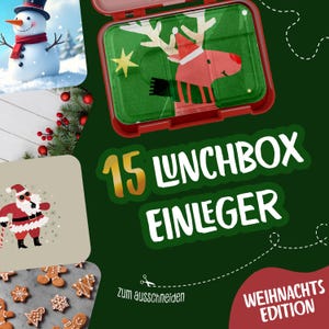 May include: A festive Christmas-themed image featuring a red lunchbox with a reindeer design, a snowman, Santa Claus, and gingerbread cookies. The text reads "15 Lunchbox Einleger" and "Weihnachts Edition".