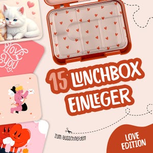 May include: A red and clear lunchbox with a heart pattern, and the text "15 LUNCHBOX EINLEGER". The image also includes several love-themed stickers and the words "Love Edition".