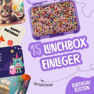 Op de afbeelding: Een paarse lunchbox gevuld met kleurrijke confetti, met de tekst "15 LUNCHBOX EINLEGER" en "BIRTHDAY EDITION". Een cartoonkat en verjaardagsillustraties zijn ook aanwezig.