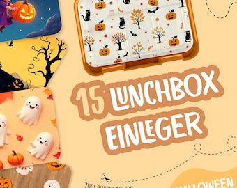 Puede incluir: Fiambrera naranja con temática de Halloween con un inserto estampado con calabazas, gatos negros y murciélagos. La imagen también muestra otras ilustraciones con temática de Halloween, incluyendo fantasmas y una bruja. El texto dice "15 Lunchbox Einleger" y "Halloween Edition."