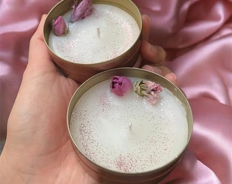 Pink Tin Candle with Dried Rose, Althea, Glitter, Wedding Favor, Baby Shower Gift