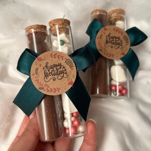 Pu&ograve; includere: Due provette di vetro riempite con miscela per cioccolata calda, marshmallow e codette. Le provette sono legate insieme da un nastro verde e un'etichetta di carta marrone che dice "Buone Feste".