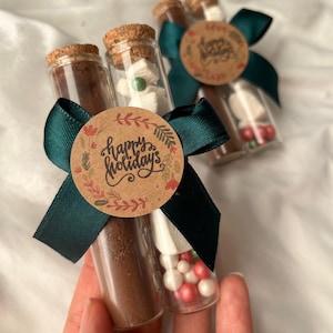 Pu&ograve; includere: Due provette di vetro riempite con miscela per cioccolata calda, marshmallow e caramelle rosse e bianche. Le provette sono legate insieme da un nastro verde e un'etichetta circolare di carta marrone che dice "Buone Feste".
