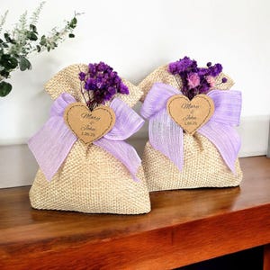 Handmade Lavender Sachet, Jute Bag with Lilac Ribbon, Summer Wedding Favors