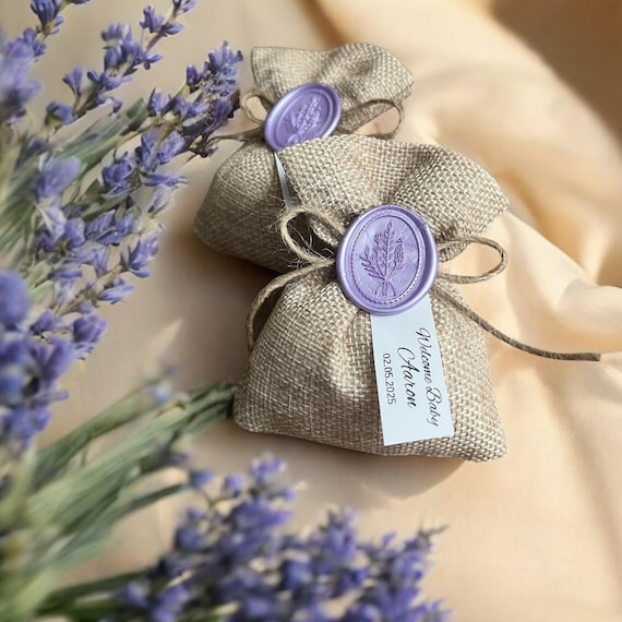 Personalized Jute Lavender Sachet, Purple Wax Seal Wedding Favor, Birthday-Comunion