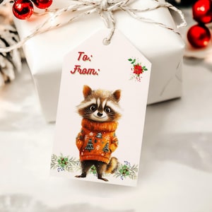 Whimsical Forest Animals Christmas Gift Tags, Cute Sweaters, Scarves, Santa Hats. Set of 8 Printable Holiday Tags Instant Digital Download.
