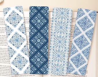 Blue Folk Floral Bookmarks Set of 4 or Single, Bookmark Gift for Mothers Day