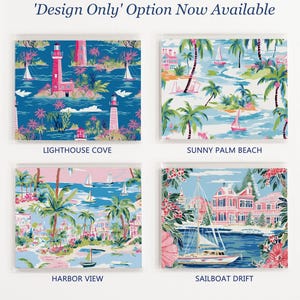 K&ouml;nnte beinhalten: Vier rechteckige Drucke mit K&uuml;stenszenen. Lighthouse Cove zeigt rote Leuchtt&uuml;rme auf blauem Wasser. Sunny Palm Beach zeigt Palmen und Segelboote. Harbor View zeigt eine K&uuml;stenstadt. Sailboat Drift zeigt ein Boot in der N&auml;he eines rosa Hauses.