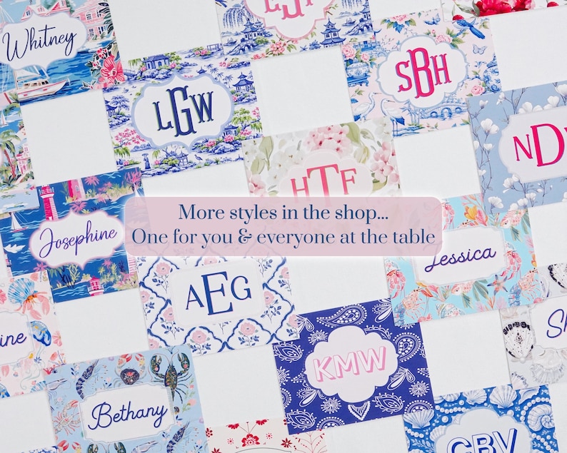 More personalized mahjong card cover styles for Large NMJL cards, showing ocean beach coastal, floral, sailboat, blue shell, tropical reef, chinoiserie, monogram, and name designs as mahjong card holders and Mah Jongg accessories for everyone at the table.