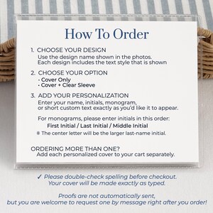 How to order slide for personalized Mahjong card cover showing how to choose a design, select Cover Only or Cover + Clear Sleeve, add personalization, follow monogram initial order, and request a proof if needed.