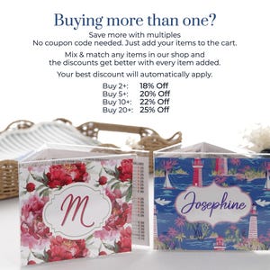 Personalized Mahjong card covers shown in clear sleeves with buy more save more bulk discount details, ideal for Mahjong group gifts, hostess gifts, table favors, and NMJL card accessories.