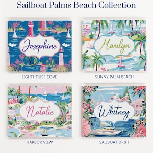 Beach mahjong card cover design options featuring four personalized coastal and preppy styles with lighthouses, palm trees, sailboats, harbor views, and Palm Beach inspired artwork.