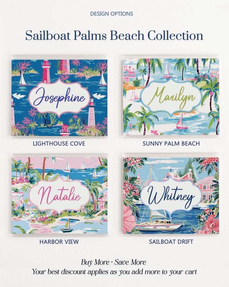 Beach mahjong card cover design options featuring four personalized coastal and preppy styles with lighthouses, palm trees, sailboats, harbor views, and Palm Beach inspired artwork.