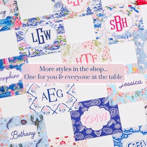 Collage of personalized mahjong card covers featuring 24 custom designs including coastal, Palm Beach, floral, chinoiserie, nautical, monogram, and preppy styles for Large NMJL mahjong cards.