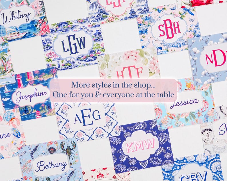 Collage of personalized mahjong card covers featuring 24 custom designs including coastal, Palm Beach, floral, chinoiserie, nautical, monogram, and preppy styles for Large NMJL mahjong cards.