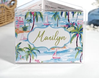 Personalized Coastal Mahjong Card Cover, Nautical Sailboat Palms Design, Beach Bachelorette Party Girls Night