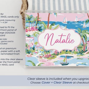 Pink Palm Beach personalized mahjong card cover shown inside clear sleeve with sizing information for Large 2025 2026 NMJL cards and optional sleeve upgrade